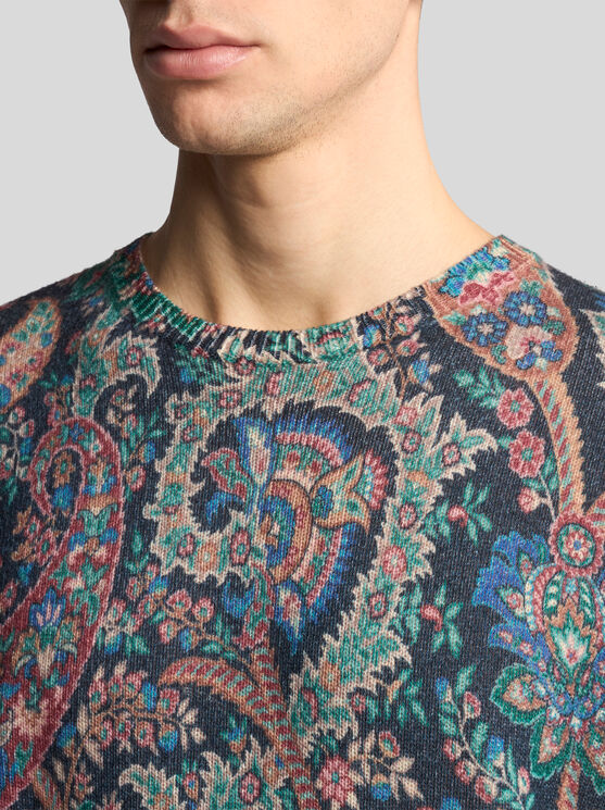 Shop Etro Sweater With Floral Paisley Print In Navy Blue