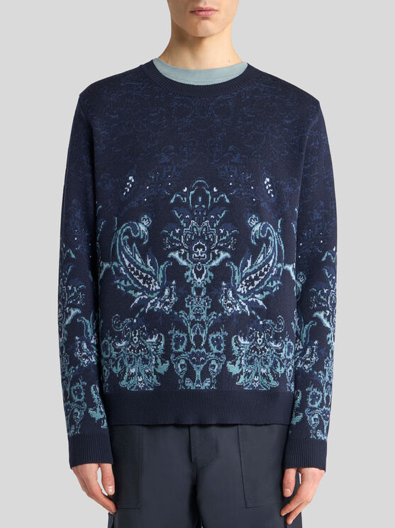 Etro Floral Jacquard Wool Sweater In Blue