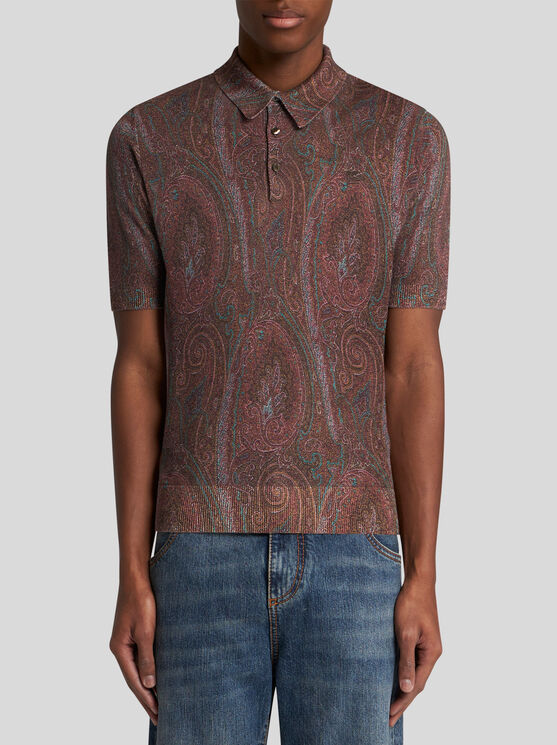 Etro Burgundy Silk And Cashmere Blend Polo Shirt With Paisley Print In Burgundy