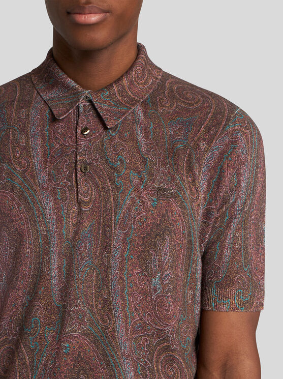 Etro Burgundy Silk And Cashmere Blend Polo Shirt With Paisley Print In Burgundy