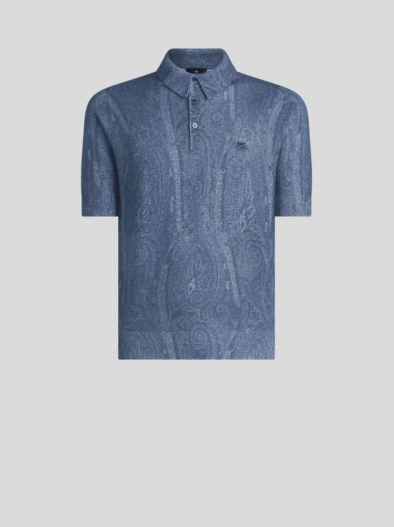 Etro , Knit Polo-shirt With Paisley Print, Man, Navy Blue, Size M In Navy Blue
