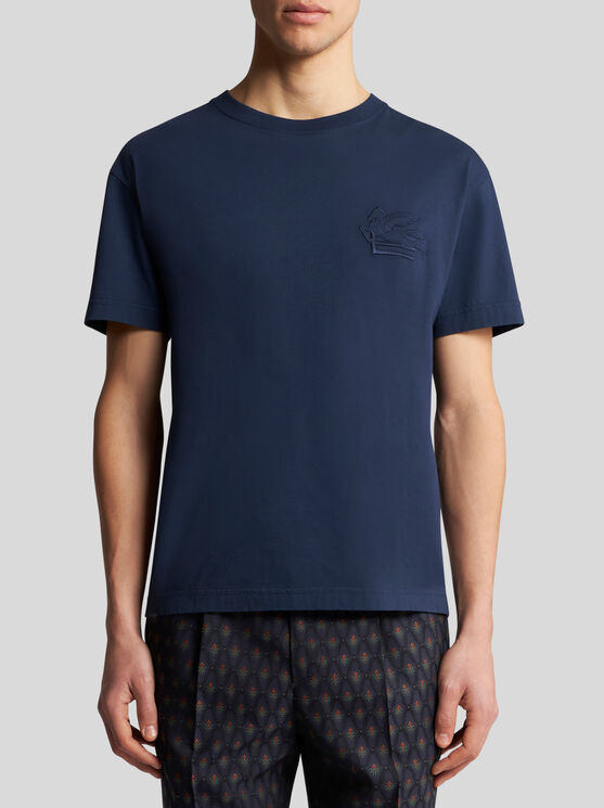 Etro Men T-shirt With Pegasus Embroidery In Navyblau
