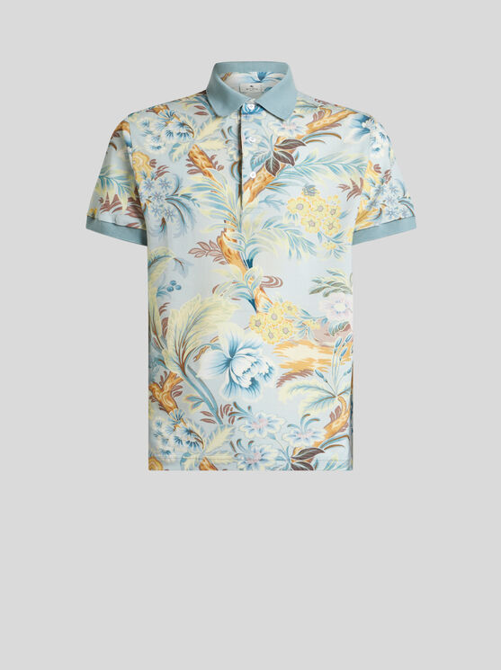 Shop Etro Polo Shirt With Floral Print In Light Blue