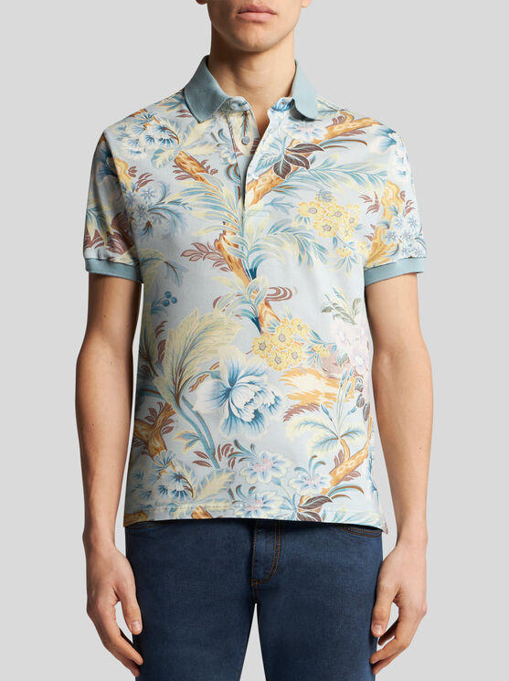 Shop Etro Polo Shirt With Floral Print In Light Blue