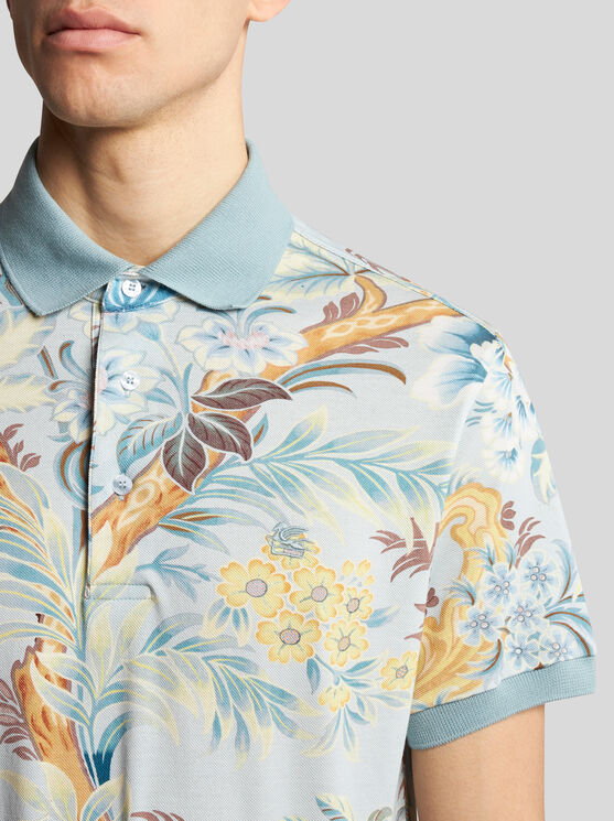 Shop Etro Polo Shirt With Floral Print In Light Blue