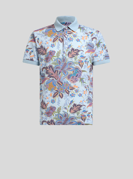 Etro , Cotton Polo Shirt With Print, Man, Sky Blue, Size 3xl In Himmelblau