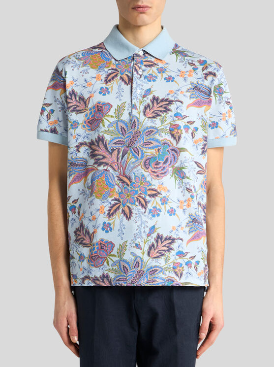 Etro , Cotton Polo Shirt With Print, Man, Sky Blue, Size 3xl In Himmelblau