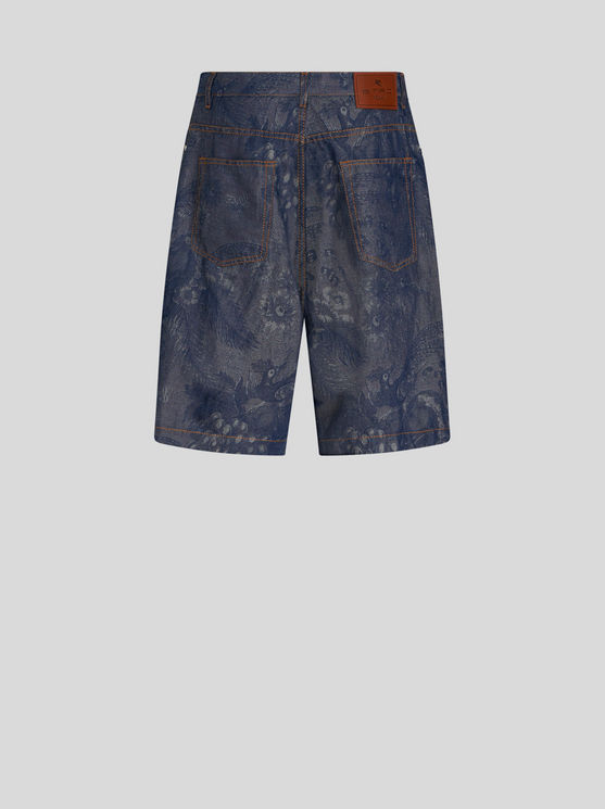 Shop Etro Jacquard Denim Bermuda Shorts In Navy Blue