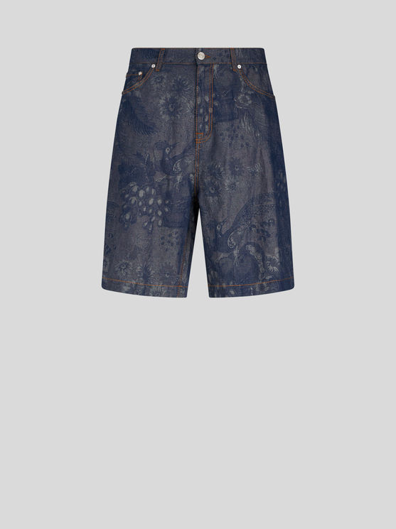 Shop Etro Jacquard Denim Bermuda Shorts In Navy Blue