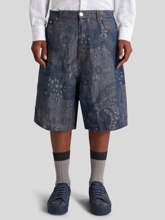 Shop Etro Jacquard Denim Bermuda Shorts In Navy Blue