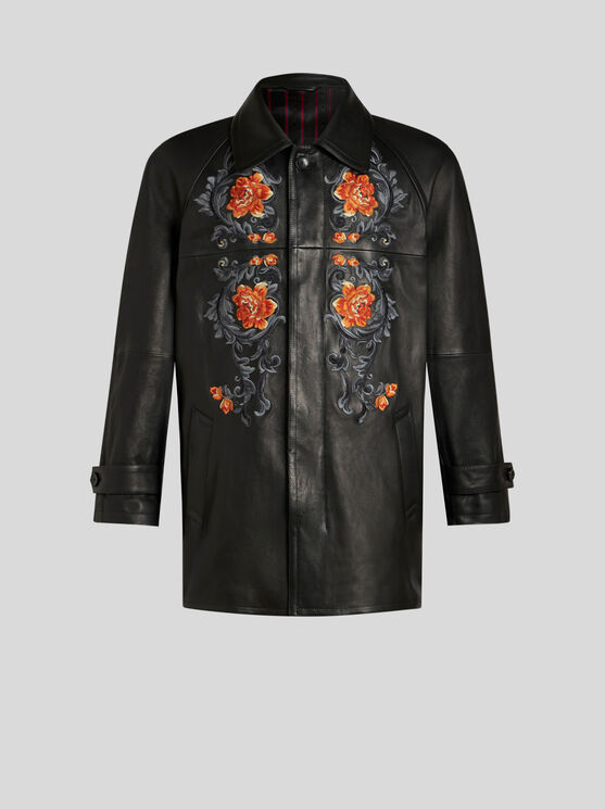 Shop Etro Leather Jacket With Embroidery In Black