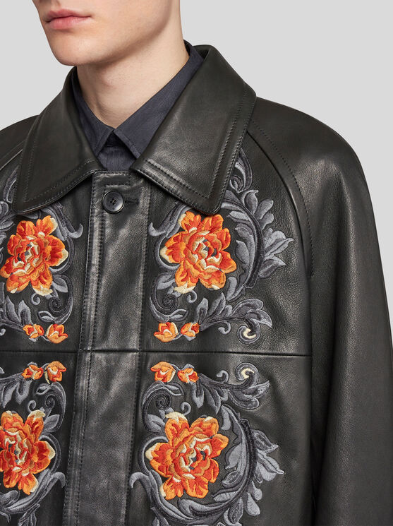 Shop Etro Leather Jacket With Embroidery In Black