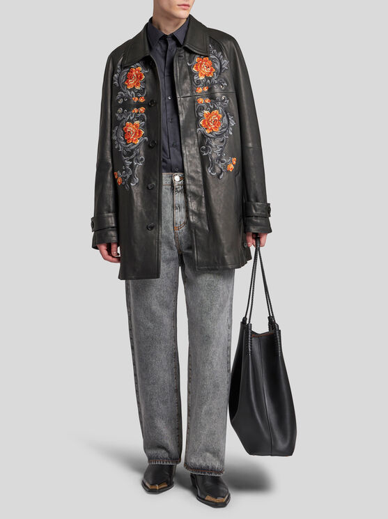 Shop Etro Leather Jacket With Embroidery In Black