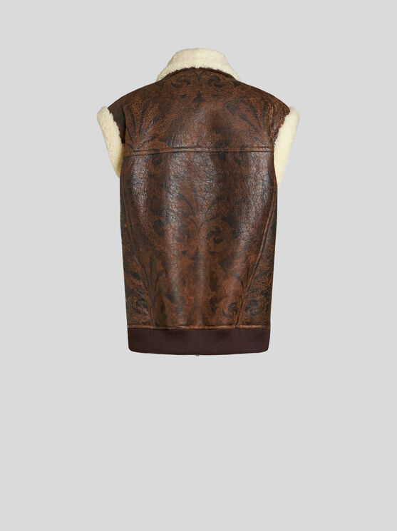 Shop Etro Sleeveless Jacket In Printed Shearling In Dunkelbraun