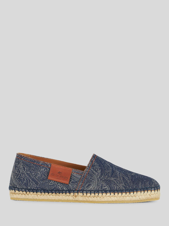 Shop Etro Cotton And Linen Paisley Espadrilles In Navy Blue