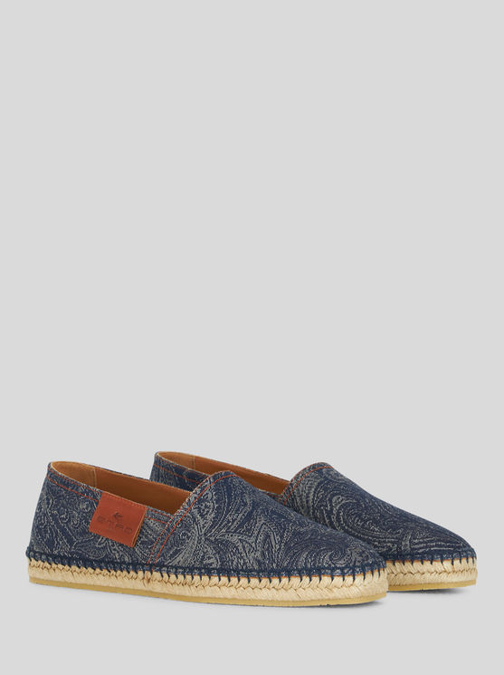 Shop Etro Cotton And Linen Paisley Espadrilles In Navy Blue