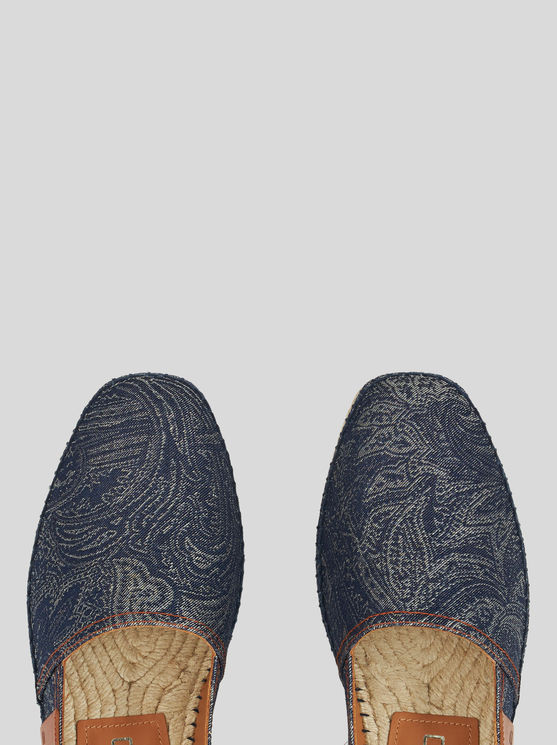 Shop Etro Cotton And Linen Paisley Espadrilles In Navy Blue