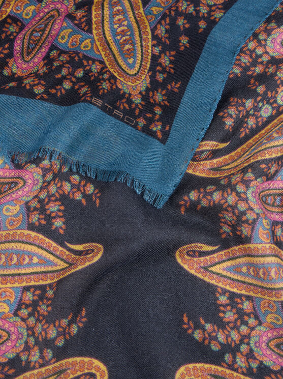 Etro , Wool, Cashmere And Silk Scarf With Print, Woman, Blue In Blue