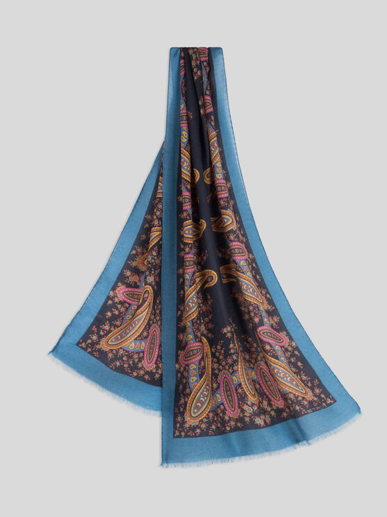 Etro , Wool, Cashmere And Silk Scarf With Print, Woman, Blue