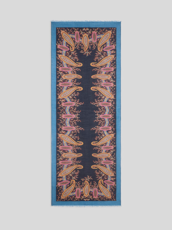 Etro , Wool, Cashmere And Silk Scarf With Print, Woman, Blue In Blue