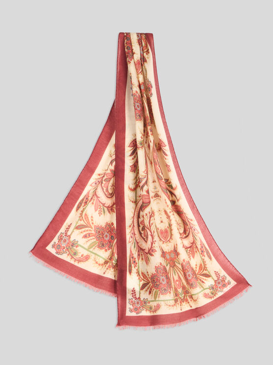 Etro , Wool, Cashmere And Silk Scarf With Print, Woman, Burgundy In Burgundy