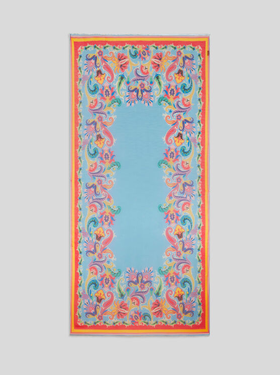 Etro Scarf With Multicoloured Floral Print In Light Blue
