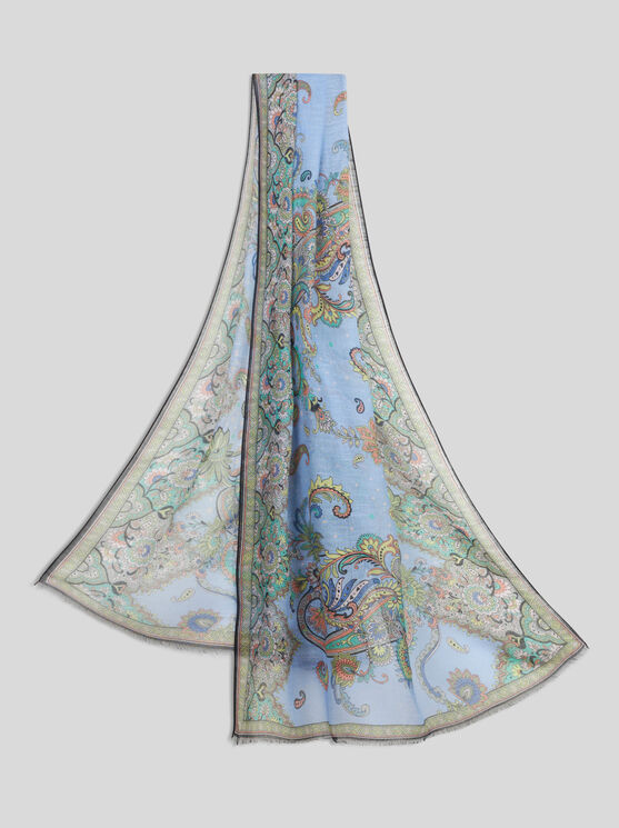 Etro Silk-blend Scarf With Leafy Motif In Light Blue