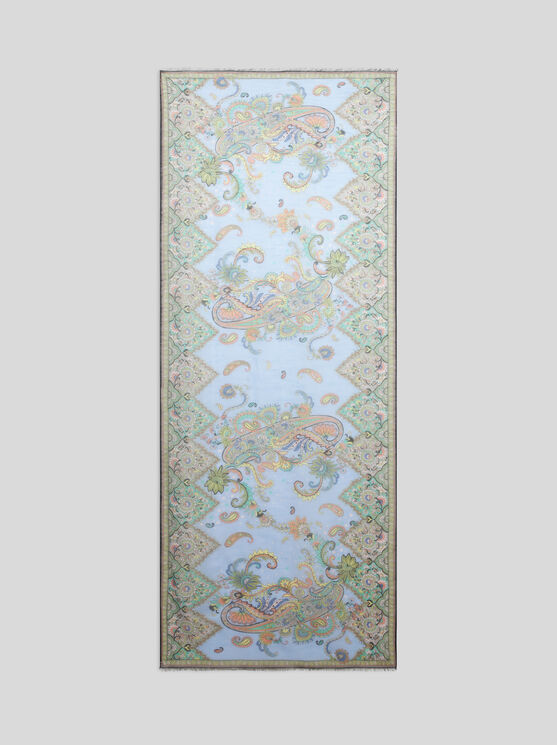 Etro Silk-blend Scarf With Leafy Motif In Light Blue