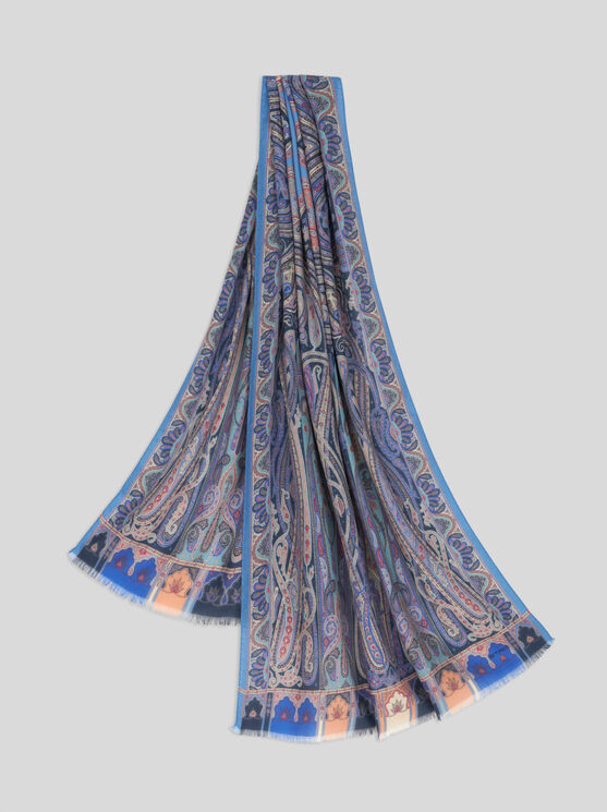 Etro Cashmere-silk Blend Scarf With Vibrant Multicolor Design And Elegant Paisley Pattern In Navy Blue