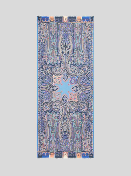 Etro Cashmere-silk Blend Scarf With Vibrant Multicolor Design And Elegant Paisley Pattern In Navy Blue