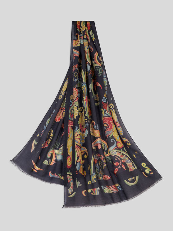 Shop Etro Printed Silk And Cashmere Scarf In Navy Blue