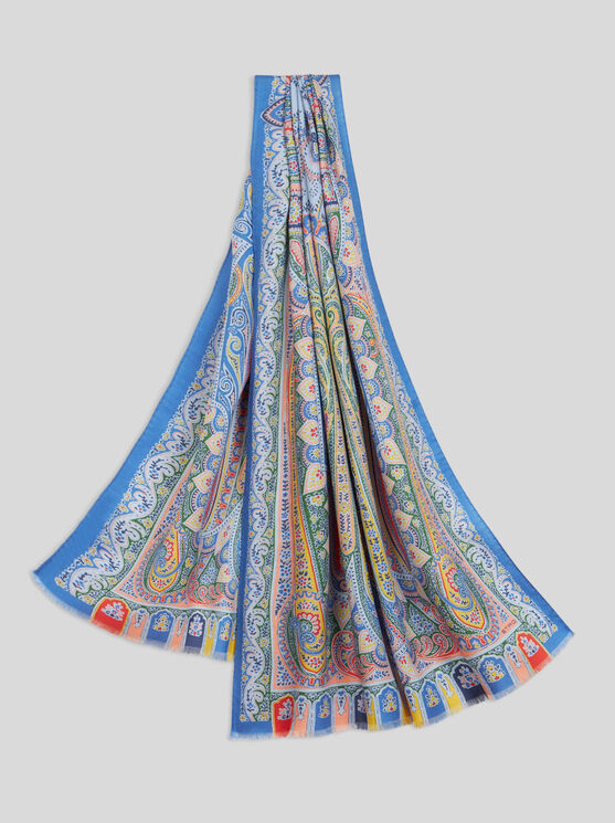 Etro Wool And Silk Scarf With Multicoloured Print In Navy Blue