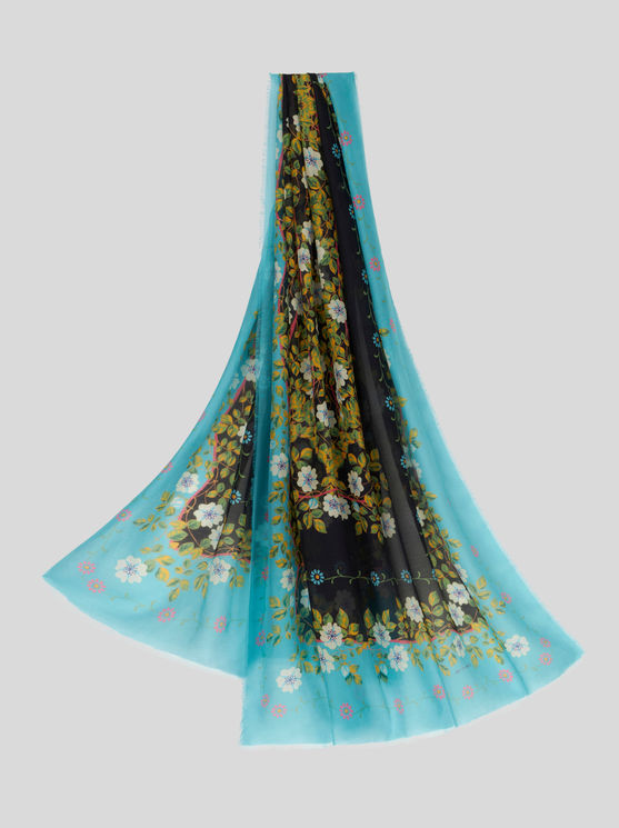 Etro Floral Cotton And Silk Scarf In Light Blue