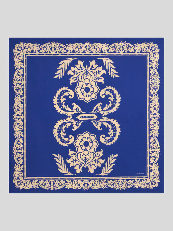 Etro Silk Scarf With Floral Print In Navy Blue