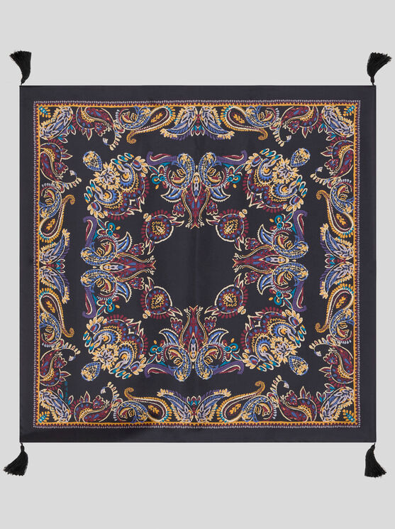 Etro , Silk Scarf With Tassels And Paisley Foliage Motif, Woman, Black