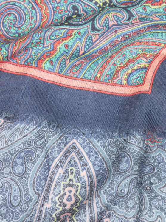Etro Shawl With Multicoloured Geometric Motif In Navy Blue
