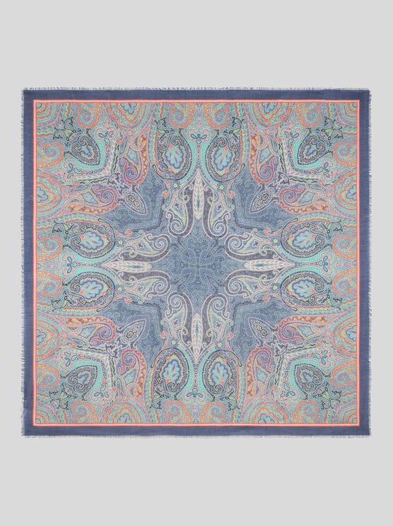 Etro Shawl With Multicoloured Geometric Motif In Navy Blue