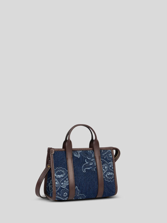 Etro Mini Top-handle Bag In Jacquard Denim In Navy Blue