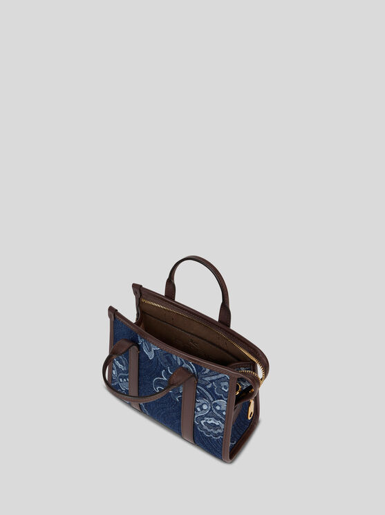 Etro Mini Top-handle Bag In Jacquard Denim In Navy Blue