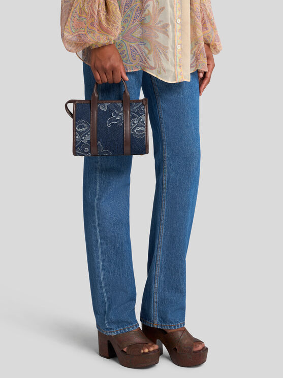 Etro Mini Top-handle Bag In Jacquard Denim In Navy Blue