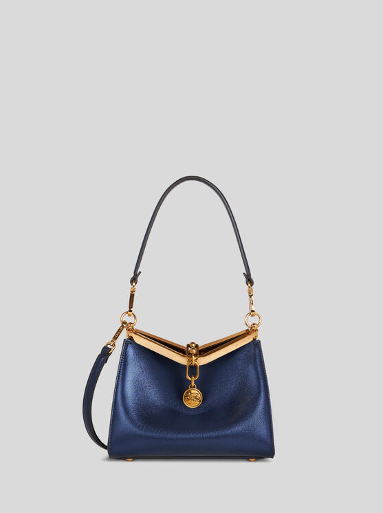 Shop Etro Mini Laminated Vela Bag In Navy Blue