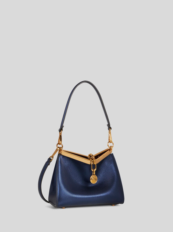 Shop Etro Mini Laminated Vela Bag In Navy Blue