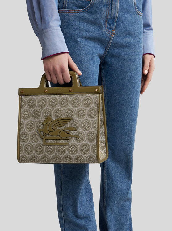 Shop Etro Medium Denim Jacquard Love Trotter Bag In Grey