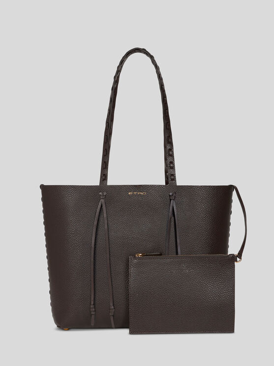 Etro Essential Medium Leather Tote Bag With Threading, Woman, Dark Brown