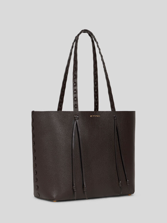 Etro Essential Medium Leather Tote Bag With Threading, Woman, Dark Brown