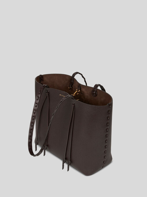 Etro Essential Medium Leather Tote Bag With Threading, Woman, Dark Brown