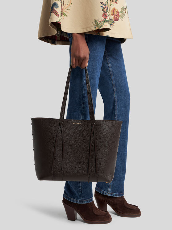 Etro Essential Medium Leather Tote Bag With Threading, Woman, Dark Brown