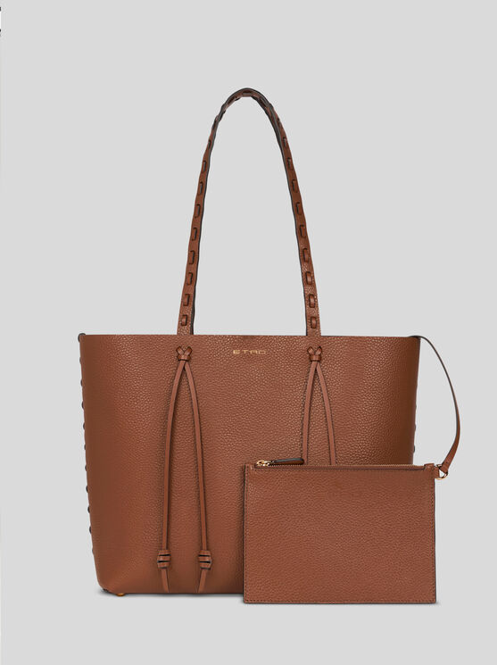 Etro Essential Medium Leather Tote Bag With Threading, Woman, Brown