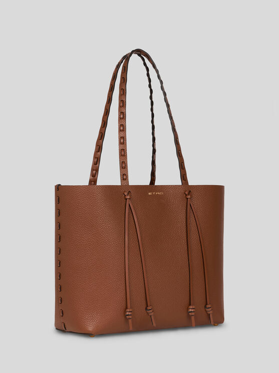 Etro Essential Medium Leather Tote Bag With Threading, Woman, Brown
