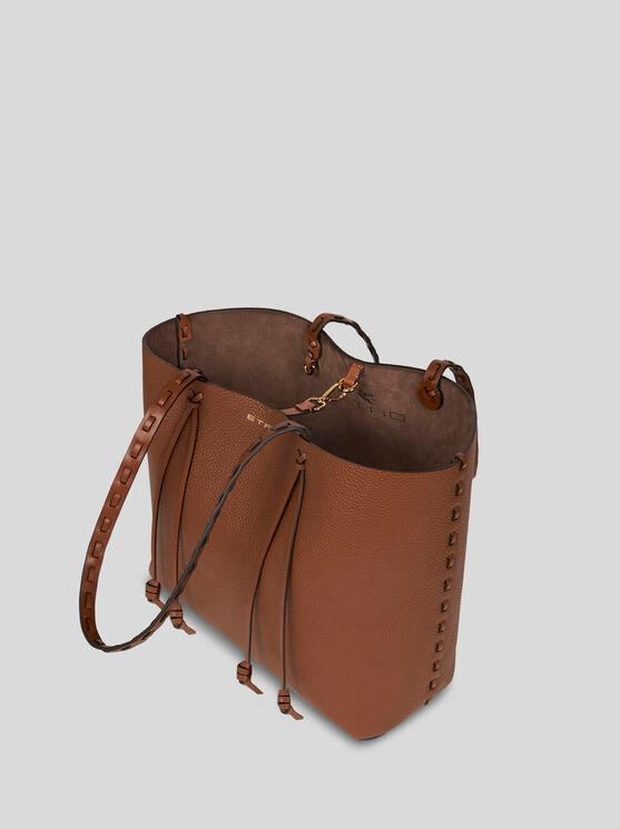 Etro Essential Medium Leather Tote Bag With Threading, Woman, Brown